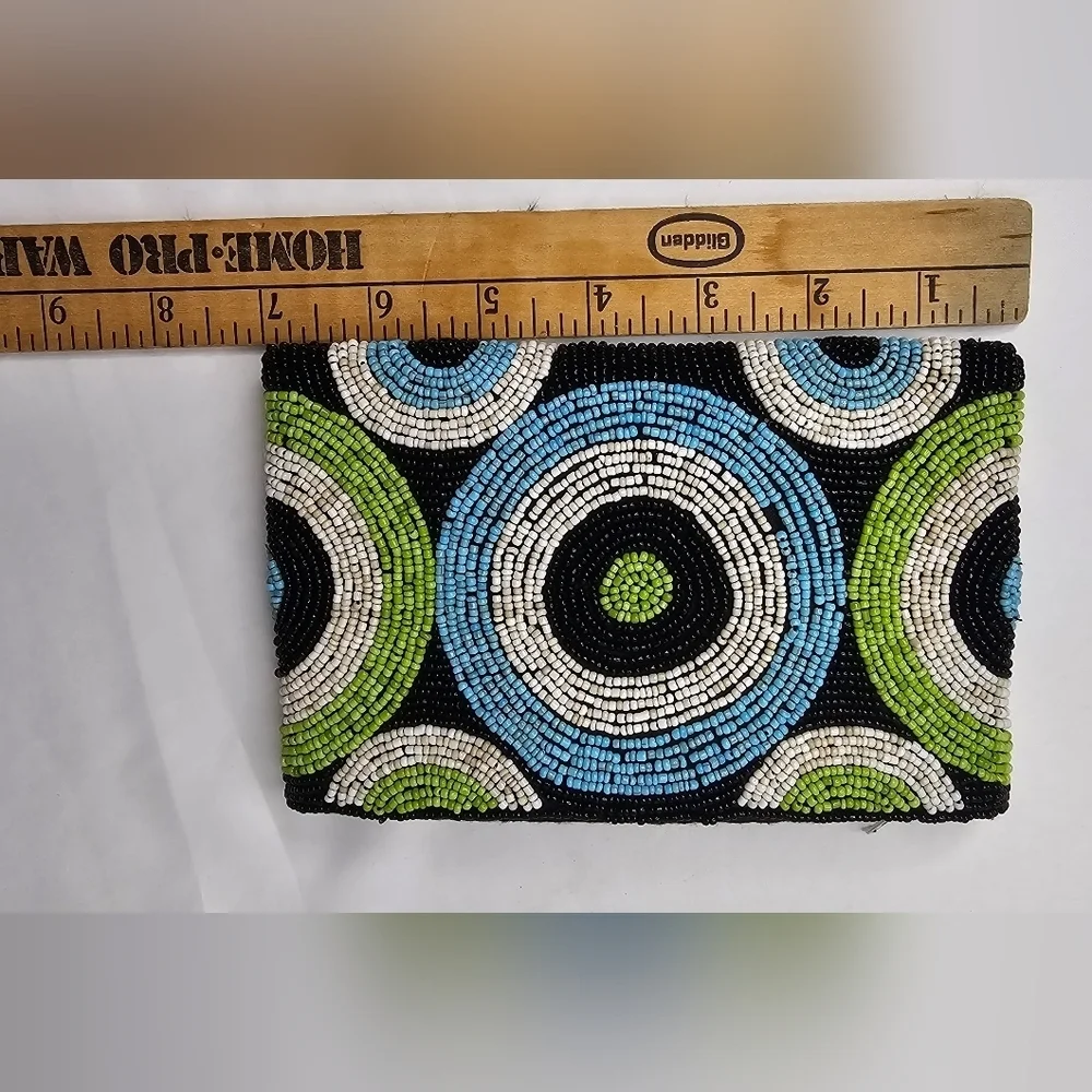 Vintage Beaded Zip Clutch Retro Purse Green & Brown MCM Circle Motif Pouch - Picture 5 of 8
